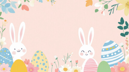 Obraz premium Easter bunny with pastel eggs and flowers, soft pink background, festive springtime holiday celebration