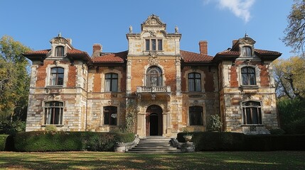 Obraz premium Historic mansion with intricate architecture surrounded by lush gardens and trees
