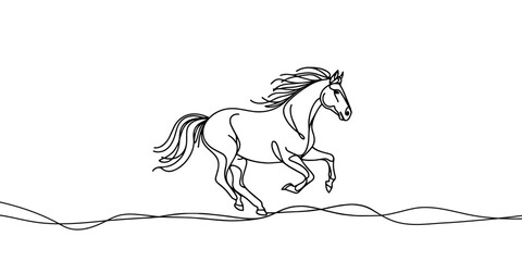 One line drawing Running Horse print,poster logo template.Horse continuous line drawing for decoration design vector isolated illustration in trend Minimal art style. © Emilia