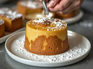 A piece of cake served on a round white plate on a table and hand holding knife to cut it. 