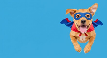 Adorable superhero dog leaping with blue cape and mask against vibrant blue background