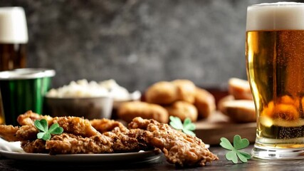 Craft beer glasses with pub food including fried chicken, french fries and side dishes. Restaurant dining experience with variety of dark, light beers. Culinary, beverage. Bar, delivery, brewery tours