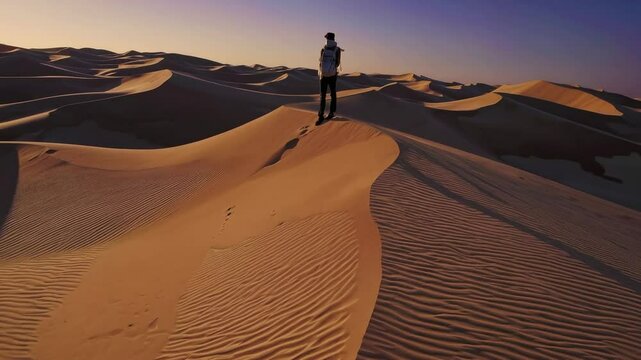 A Young Man Standing on the Sands of a Serene Desert at Sunset, Capturing the Beauty of Nature and Solitude with Dramatic Shadows and Golden Light