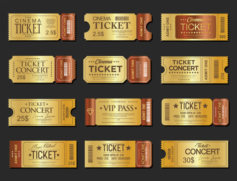 Concert, party or festival gold ticket design template admit one ticket design template