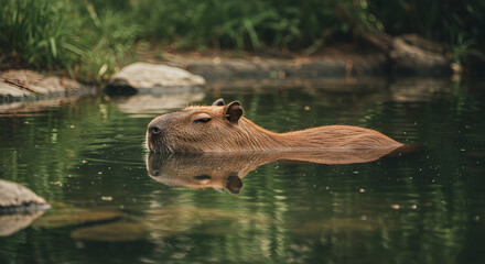 Fototapeta premium A Moment of Serenity on the Water, Capybara's Tranquil Pause, Generate AI