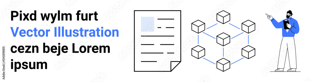 Poster man presenting interconnected block nodes alongside document, showcasing network connectivity and da