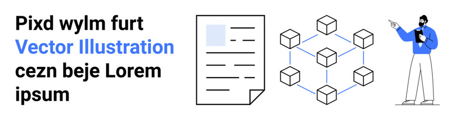 Man presenting interconnected block nodes alongside document, showcasing network connectivity and data management. Ideal for blockchain, innovation, collaboration, networking, technology, data
