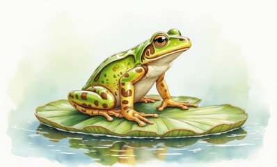Colorful frog resting on lily pad