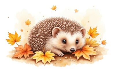 Cute hedgehog among autumn leaves