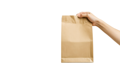 Caucasian adult hand holding blank brown paper bag on transparent background Concept of delivery, takeaway, and packaging