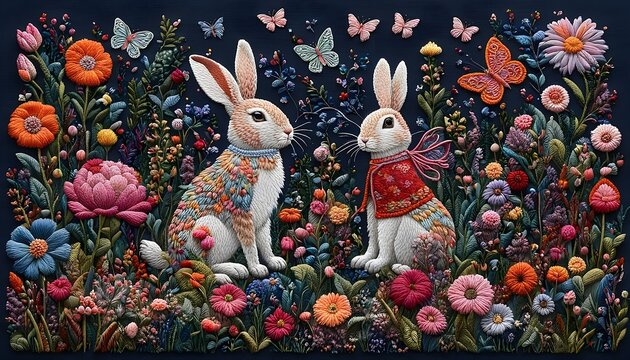 Embroidery Art Rabbit Flower Butterfly Handmade Hobby