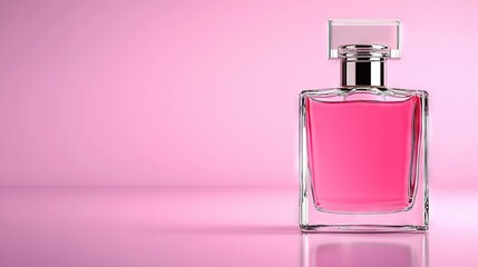   A pink perfume bottle sits atop a pink table, adjacent to a white and black object against a pink backdrop