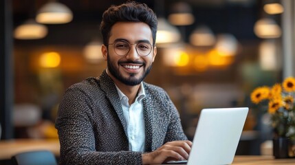 Professional Smiling Indian Man Working on Laptop in Modern Office