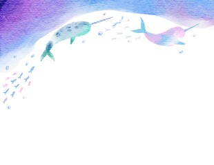 Undersea watercolor painting background on high quality watercolor paper texture. Two Gradient narwhal is swimming with small fishes.
