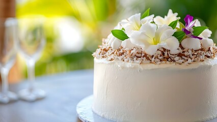 A beautifully decorated cake topped with coconut flakes and fresh white flowers, set on a table with two glasses in the background. Concept Decorated Cake, Coconut Flakes, Fresh Flowers