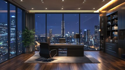 A luxury corporate penthouse office with a panoramic city view
