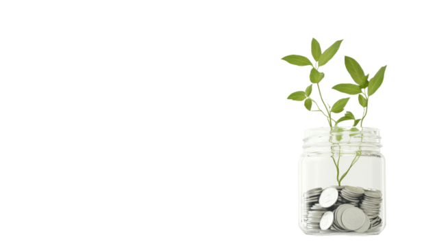 Coins in glass jar with growing plant, symbolizing investment growth, financial planning, and sustainable business on transparent background