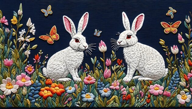 Embroidery Art Rabbit Flower Butterfly Handmade Hobby