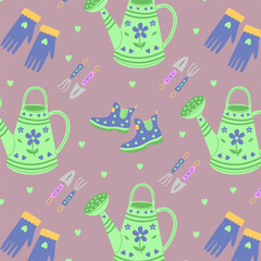 Cute floral gardening pattern – seamless vector with watering can, boots, gloves, and garden accessories