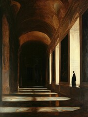 Naklejka premium Solitary figure stands at windowlit corridor end