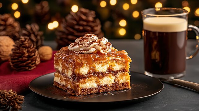   A slice of cake resting beside a cup of coffee and a mug of java