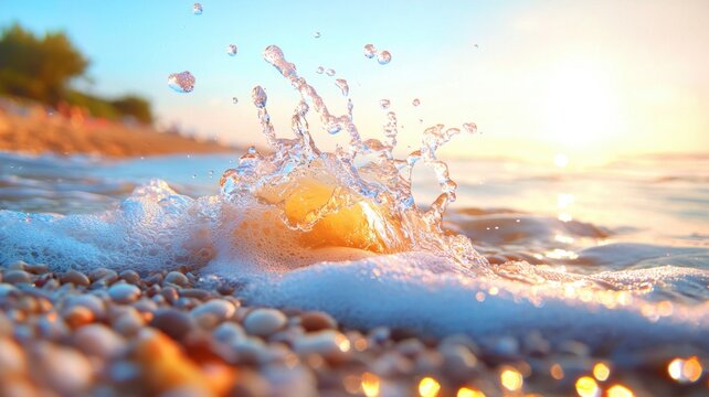 Ocean theme beach exploration.  Splashes of Water on Shore at Sunset with Glowing Sunset Colors