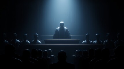 A powerful silhouette of a judge presiding over a dark courtroom filled with shadowy figures.