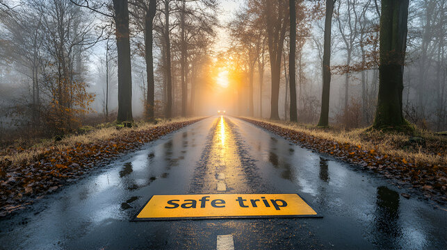 Driving Through Foggy Autumn Forest Road at Sunrise with Caution Signs