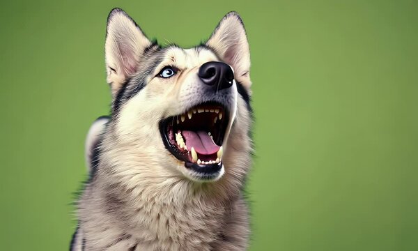 Green screen video frame of a dog opening mouth sticking out tongue looking upwards, with solid green background for video editing and effects