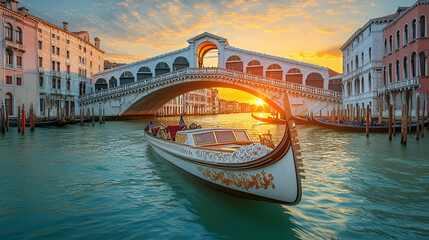 Fototapeta premium Gondola navigating canal with bridge during sunset in urban cityscape