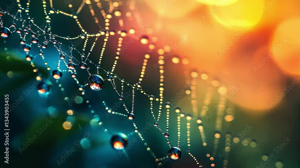 Poster a close up showcases a spider web filled with dew droplets, capturing sunlight and creating a sparkl