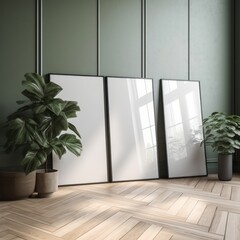 Mockup Poster Frame Close Up Minimalist Scandinavian Design Wooden Floor Room Natural Light