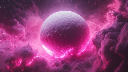 Glowing orb floats within a pink cloudy space