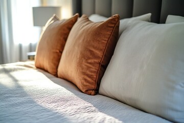 Sunlit Bedroom Pillows Brown and White Cushions on Bed, linen , comfort