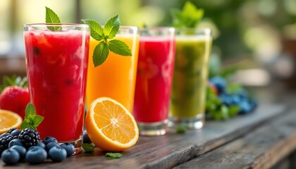 Fototapeta premium Colorful fruit juices with mint garnish on a wooden surface with berries and orange slices nearby