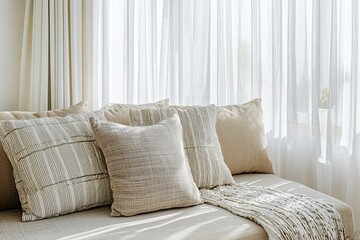 Soft Neutral Pillows and Blanket Against Sheer Curtains, Home Decor, Minimalist