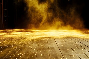 Glittering Golden Mist Soft mist floating across the stage with golden light particles sparkling within it