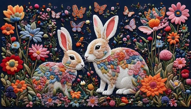 Embroidery Art Rabbit Flower Butterfly Handmade Hobby