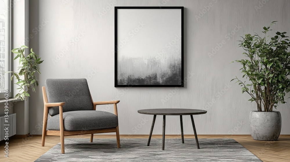 Poster a tranquil living space features a sleek gray chair paired with a round coffee table. lush greenery 