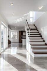 Obraz premium Modern Home Interior with Wooden Staircase and Sunlight,Interior Design ,Stairs
