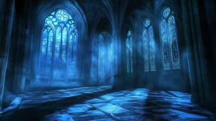 Fototapeta premium Gothic architecture stained glass blue light eerie