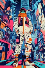 Stylish figure stands in vibrant city street