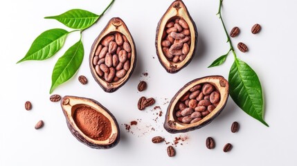 Exquisite flat lay of cocoa pods, powder, beans and foliage on a white backdrop