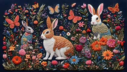 Embroidery Art Rabbit Flower Butterfly Handmade Hobby