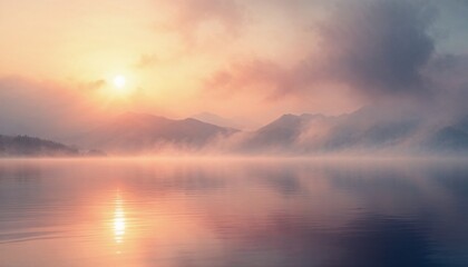 Obraz premium Peaceful Lake View with Fog, Sunrise, and Mountain Silhouette at Morning