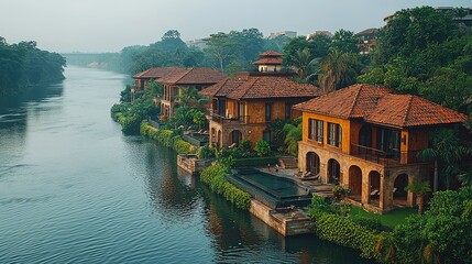 Naklejka premium Serene riverside villas showcasing lush greenery and tranquil waters at dawn