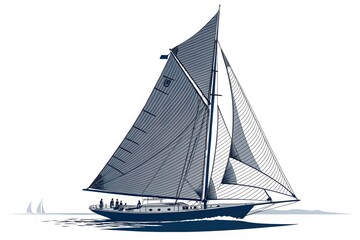 Fototapeta premium Elegant Sailboat in Motion with Crew Against Serene Water Background