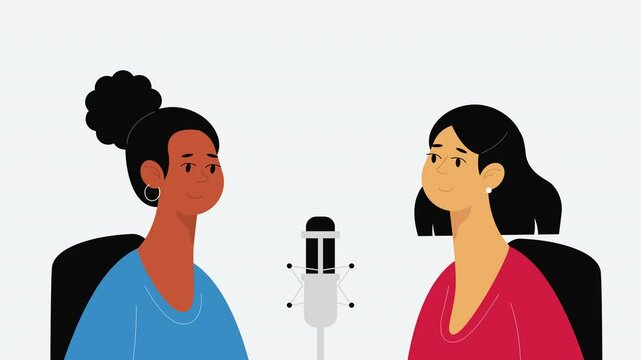 Animation of two women recording a podcast, nodding and moving their lips while speaking. A minimal, flat vector-style illustration with a microphone, ideal for podcasting, interviews. Alpha channel.