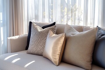 Couch with Decorative Pillows and Sheer Curtains, Home Decor , Interior Design