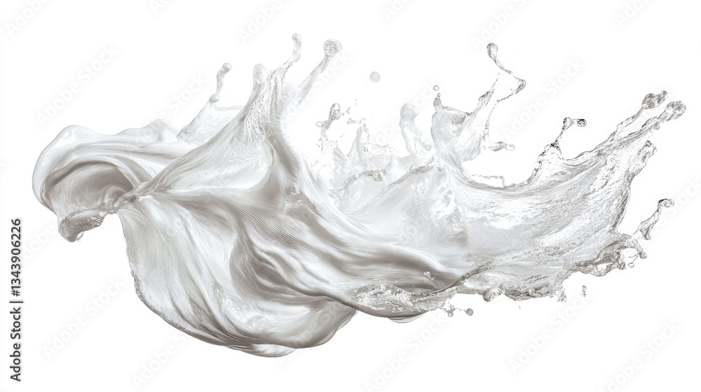 Poster dynamic splash of white liquid creating artistic patterns against a clean background, ideal for crea